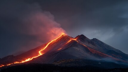 Fototapeta premium Active volcano erupting with glowing lava flowing down its slopes under a dark, stormy sky