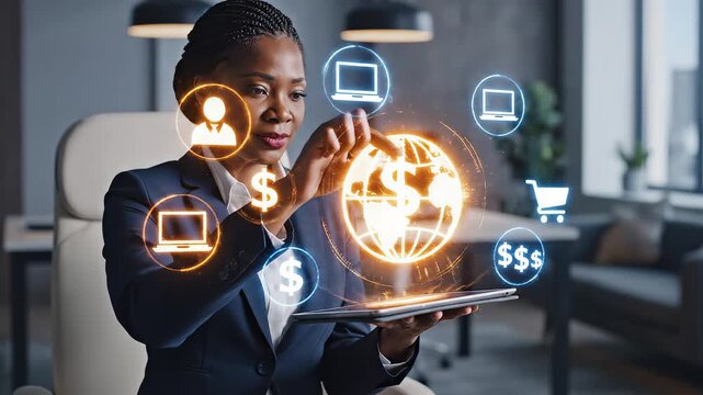 Businesswoman interacting with digital icons for corporate presentations, business marketing, and commercial use