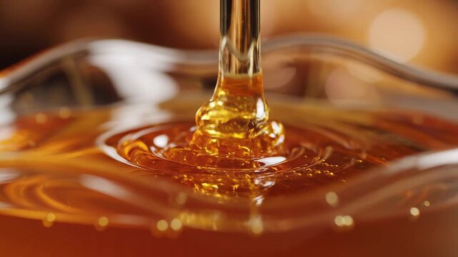 Honey pouring into glass bowl for commercial backgrounds, digital design, and advertising