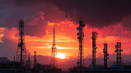 Naklejka premium A serene landscape of cell towers silhouetted against a vibrant orange and purple sunset