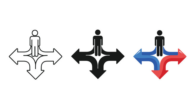 Vector graphic illustration depicting a person standing at a crossroads, symbolizing crucial decisions, multiple path options, and navigating complex life choices.