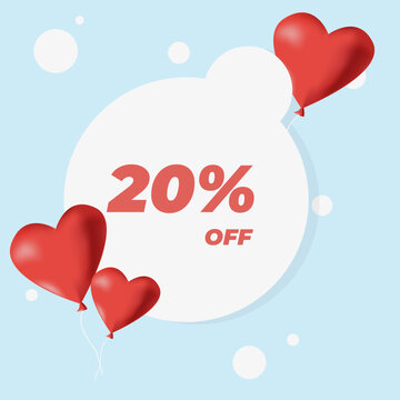 Promotional graphic with 20 OFF text inside a white circle, surrounded by red heart balloons on a light blue background, perfect for Valentine s Day or love-themed sales and marketing