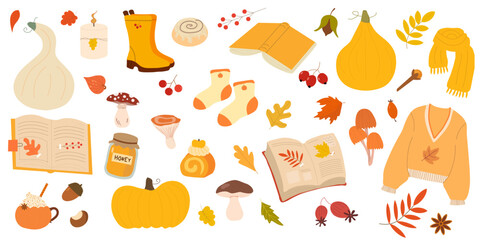 Collection of autumn cozy elements including pumpkins, leaves, umbrella, sweater, socks and acorn arranged together. Seasonal objects isolated on light background, representing fall comfort and weathe © Jennie