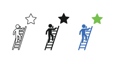 Fototapeta premium Minimalist vector graphic illustration showing stick figures climbing ladders to reach for stars representing professional goals and personal ambition for success in a modern business design