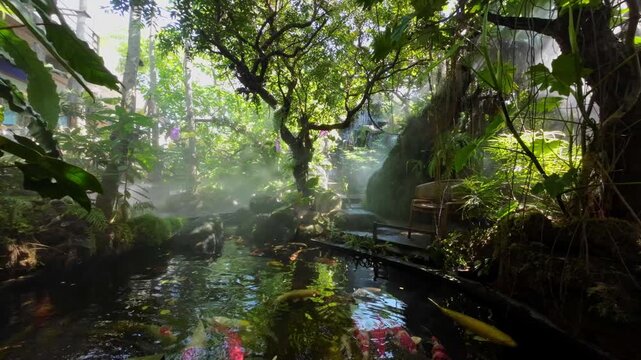 Tropical jungle with river and sun beam and foggy in the garden	