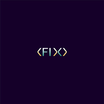Bold FIX wordmark logo framed by HTML angle brackets with gradient finish, ideal for software development, tech repair, coding agency, startup, and digital IT brand identity design