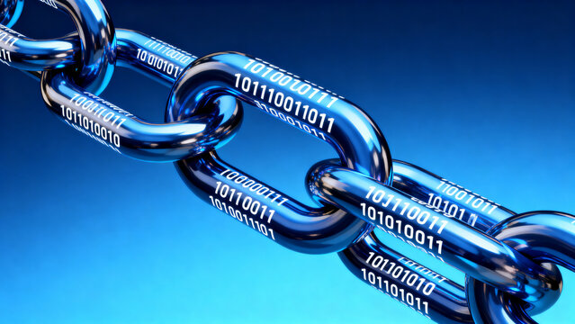 Robust metallic chain links engraved with binary digits, illustrating concepts of secure data storage, digital encryption, and the foundational structure of decentralized technology