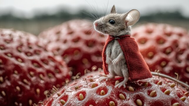 Tiny mouse proudly wearing a red velvet cape sits atop a ripe strawberry