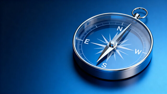 Classic blue compass guiding exploration and discovery on a reflective surface