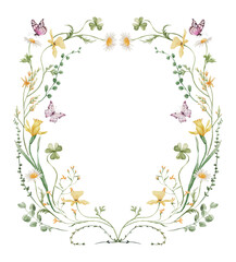Fototapeta premium Watercolor garden wildflowers floral wreath, spring summer floral circle frame