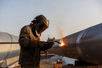 Fototapeta premium A welder is welding a large pipe. It’s an industrial construction site with a pipeline.
