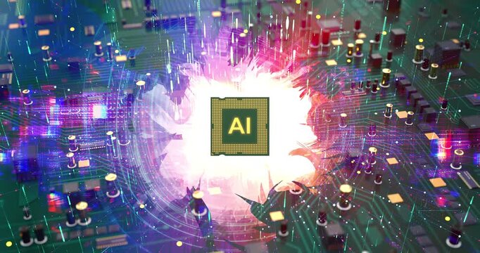 Digital circuit motherboard with glowing AI microchip and sparks. AI Technology Related 3D Computer Animation.