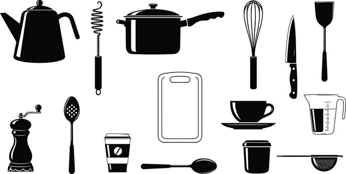 Kitchen utensils collection silhouette set, cooking tools icons, black and white kitchenware illustration, modern culinary equipment, home cooking concept design