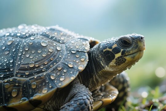Close-up of a turtle with water droplets on its shell in a natural outdoor setting