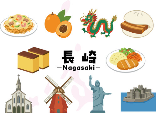 長崎県の名物と観光アイコンセット（長崎ちゃんぽん・カステラ・角煮まん・大浦天主堂・平和祈念像・軍艦島）