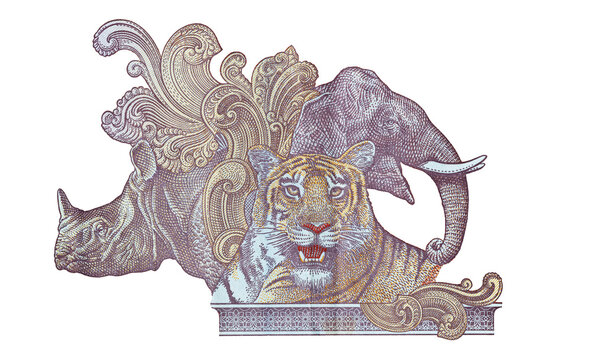 Tiger, Elephant and Rhino engraving from Indian 10 Rupee banknote (PNG)