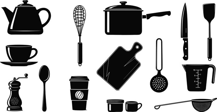 kitchen utensils silhouettes set cooking tools collection cookware equipment food preparation items isolated black icons illustration design