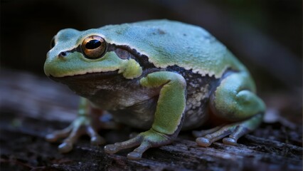 Obraz premium Close-up of a green tree frog resting on bark in a natural setting