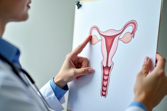 A doctor pointing to a detailed drawing of the female reproductive anatomy during a gynecology appointment, close-up photo.