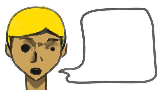 The head of a male character with eyes of different sizes says something.