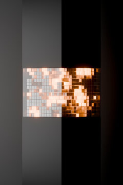 3D cubic pixel chamber with warm grid and glowing depth