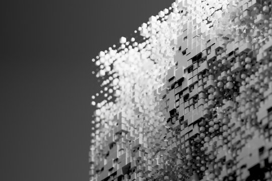 3D cubic voxel field with dissolving edge and monochrome depth