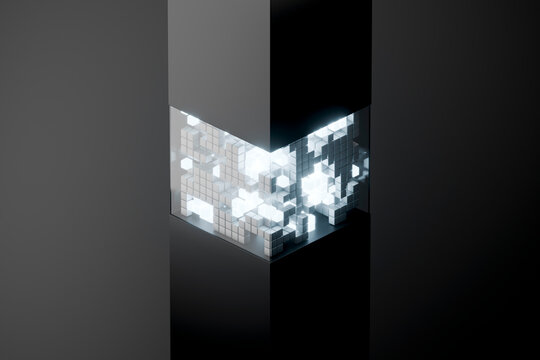 3D cubic light core inside dark frame with voxel glow