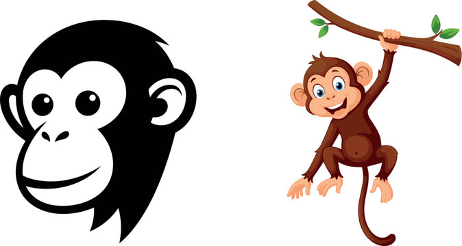 Monkey face icon and cute hanging monkey character set in cartoon style isolated vector illustration for animal design