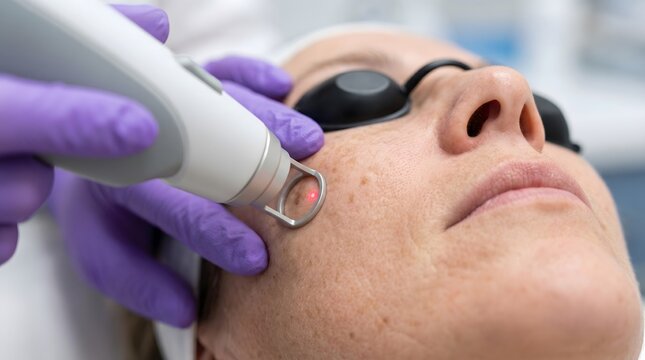 Professional dermatologist performing laser skin rejuvenation treatment on female patient's face in an aesthetic clinic to remove freckles and hyperpigmentation.