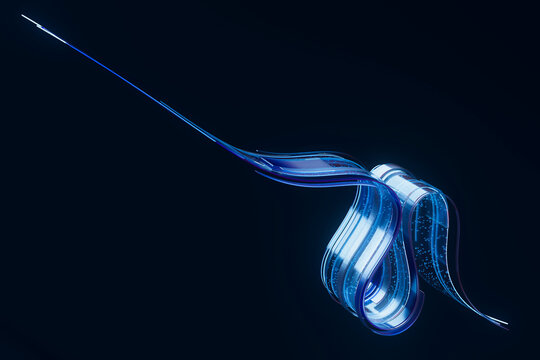 3D data flow filament stretching across dark digital space