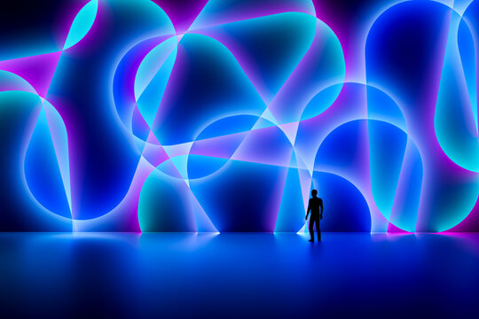 3D neon light mural with giant glow and lone silhouette