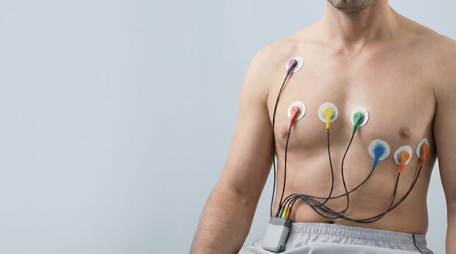 Shirtless male patient wearing a Holter monitor with colorful ECG electrodes attached to his chest for a continuous heart activity test against a plain clinical background.