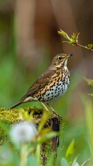 Fototapeta premium A small brown bird perched on a mossy log