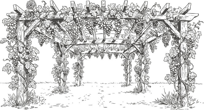 Grape arbor pergola with vines and hanging grape clusters rustic garden trellis structure outdoors