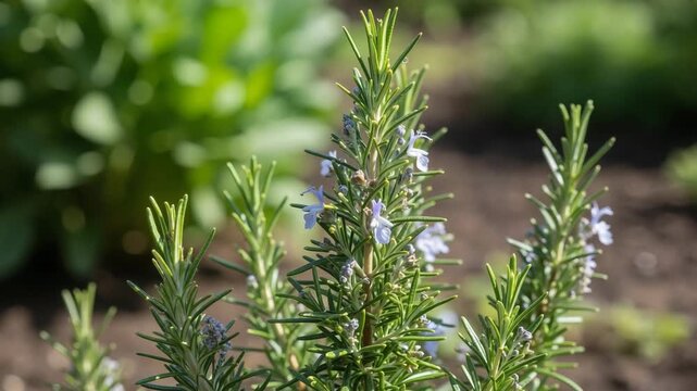 Fresh rosemary plant with purple flowers in a garden setting  