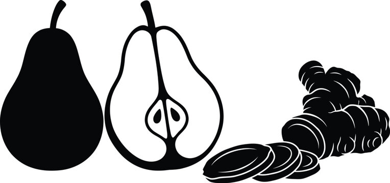 Pear fruit and ginger root silhouette collection for healthy recipes.