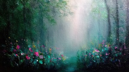 Obraz premium Enchanted woodland scene features vibrant wildflowers illuminated by ethereal mist.