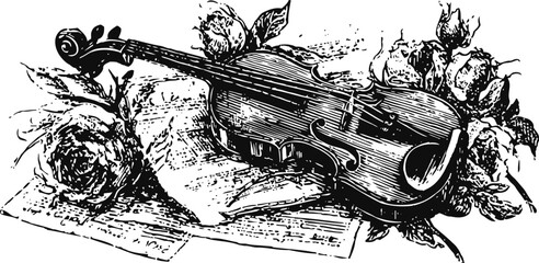Obraz premium Vintage violin with floral decorations and music sheets, classic musical instrument artwork