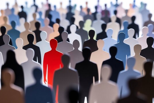 A crowd of diverse people, with one individual highlighted in red. A large gathering, possibly a conference or event.