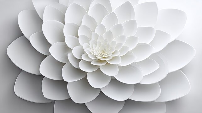Layered white petals form a symmetrical, intricate floral abstraction against a light background.