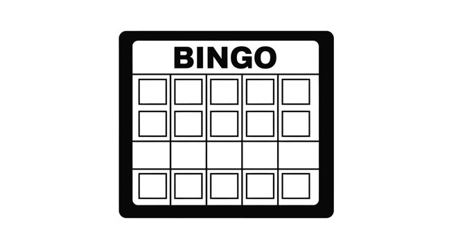 A black rectangular frame displays a classic bingo card with empty squares showcasing a bold bingo title a silhouette high quality professional detailed modern