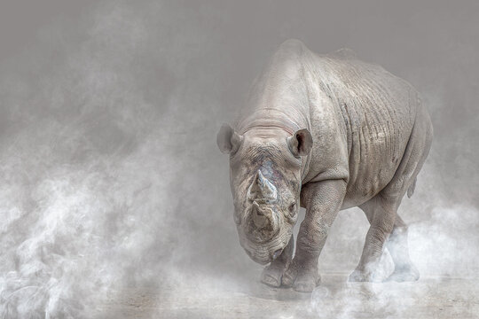 Black Rhinoceros walking through atmospheric mist with copy space