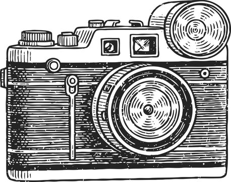 Vintage camera illustration with detailed lens and flash in black and white engraving