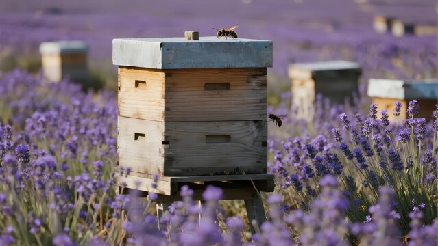Beehives in a lavender field with bees flying around