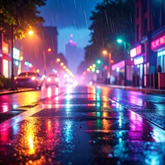 Obraz premium A rainy city street at night with colorful lights reflecting on wet pavement