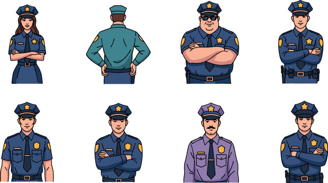 Police officer character set with different poses and uniforms including male and female cops isolated vector illustration collection