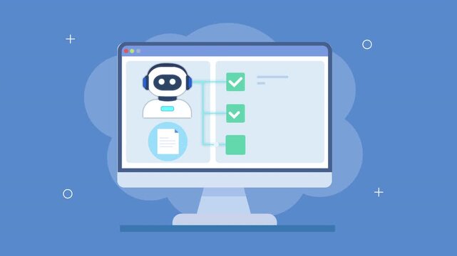 Animated AI dashboard with file icon, checklist, and system panel, showing file management, cloud storage, and automated digital workflow monitoring.