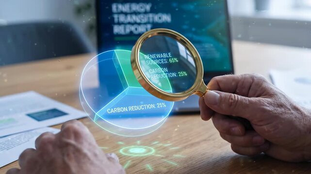 Energy transition report shock analysis corporate governance policies as analyst reviews renewable data charts and carbon reduction strategy hologram