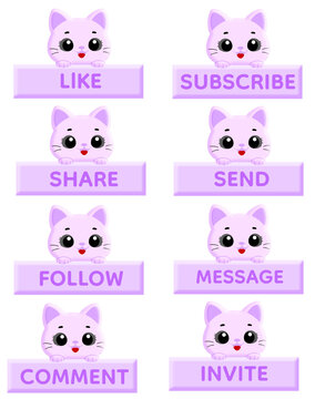 Cute Purple Cat Holding Purple Glossy 3D Social Media UI Button Set with Like Subscribe Share Send Follow Message Comment Invite Text, Kawaii Cartoon Style Interface Elements, Rounded Soft Design 