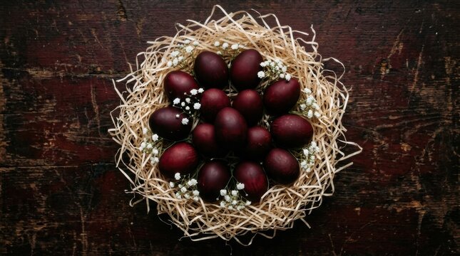 Nest with red eggs rustic background